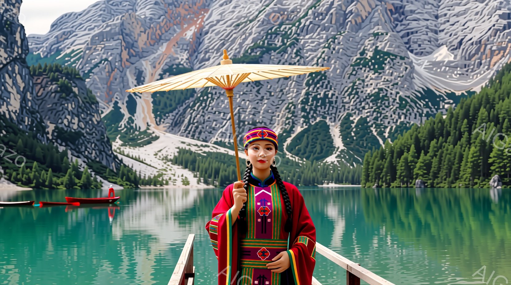 深紅色の伝統的な衣装を身につけた女性が、桟橋の上で日傘を差しています。彼女は黒い三つ編みで、落ち着いた表情で正面を見ています。背景には、緑豊かな湖と険しい山々が広がり、水面に反射した光が美しい景観を作り出しています。