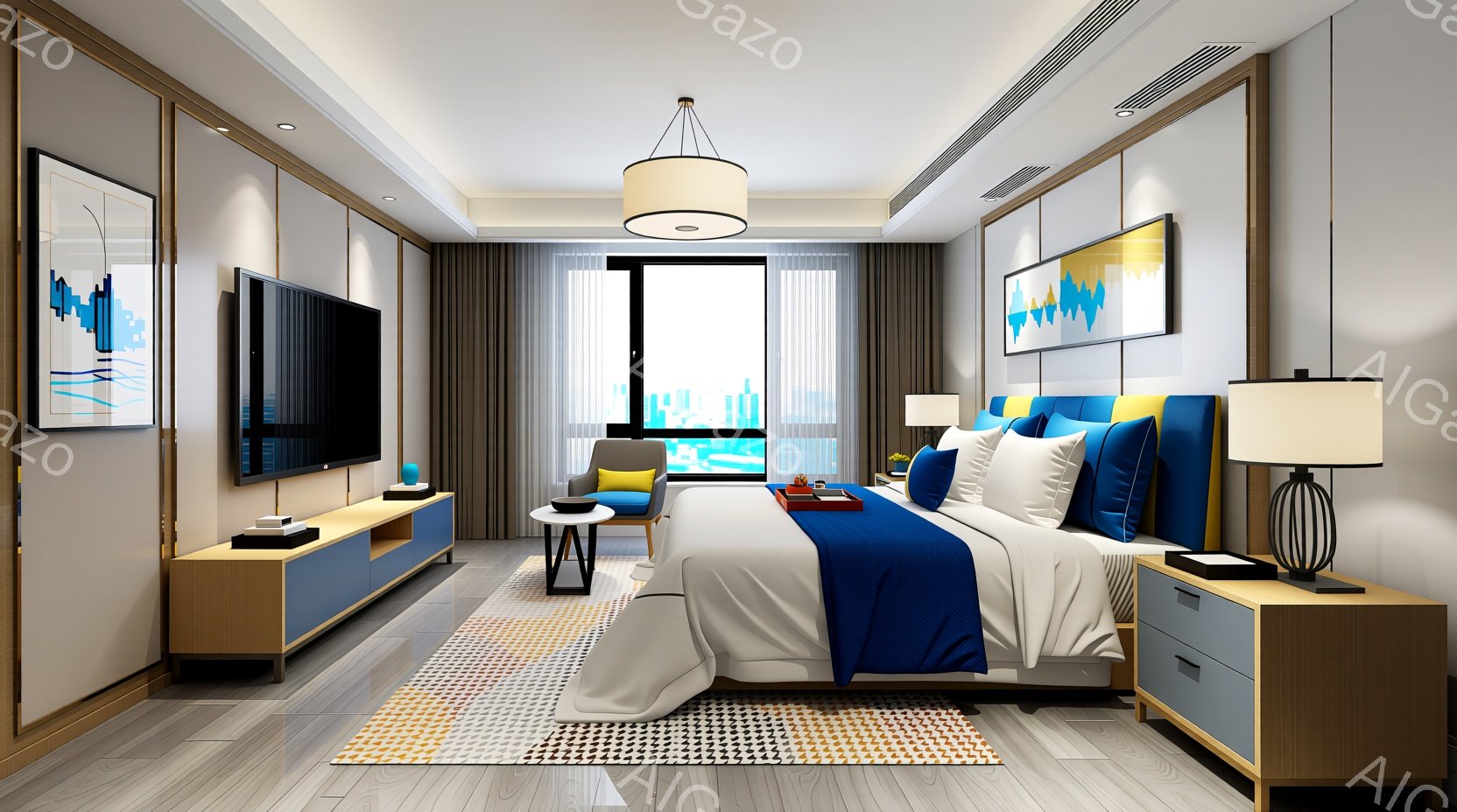 広々としたベッドルームで、明るい色調が特徴的です。青いヘッドボードと白いベッドリネンがコントラストをなし、床にはモダンな柄のラグが敷かれています。大きな窓からは都市の景色が見え、室内は暖かく、落ち着いた雰囲気が漂っています。