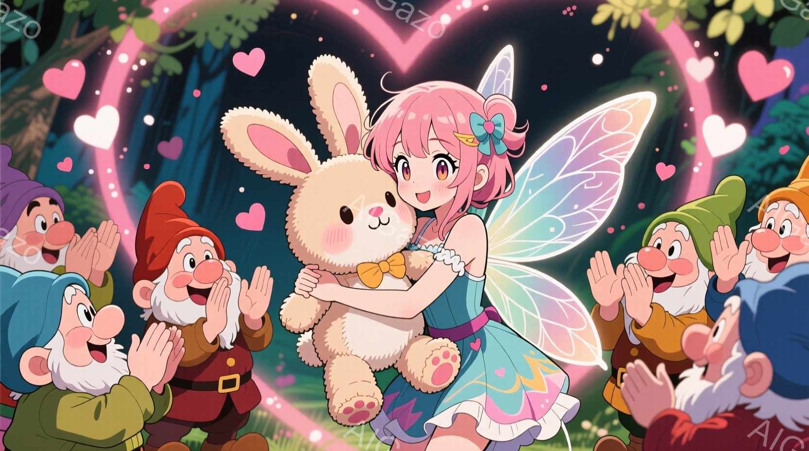 ピンク色の髪に大きなリボンをつけた少女が、大きなぬいぐるみのウサギを抱きしめています。彼女はパステルカラーのフリルスカートと羽をつけており、周りには拍手をする小人たちがいます。背景は緑豊かな森で、ピンク色のハートが舞い散る幻想的な雰囲気です。