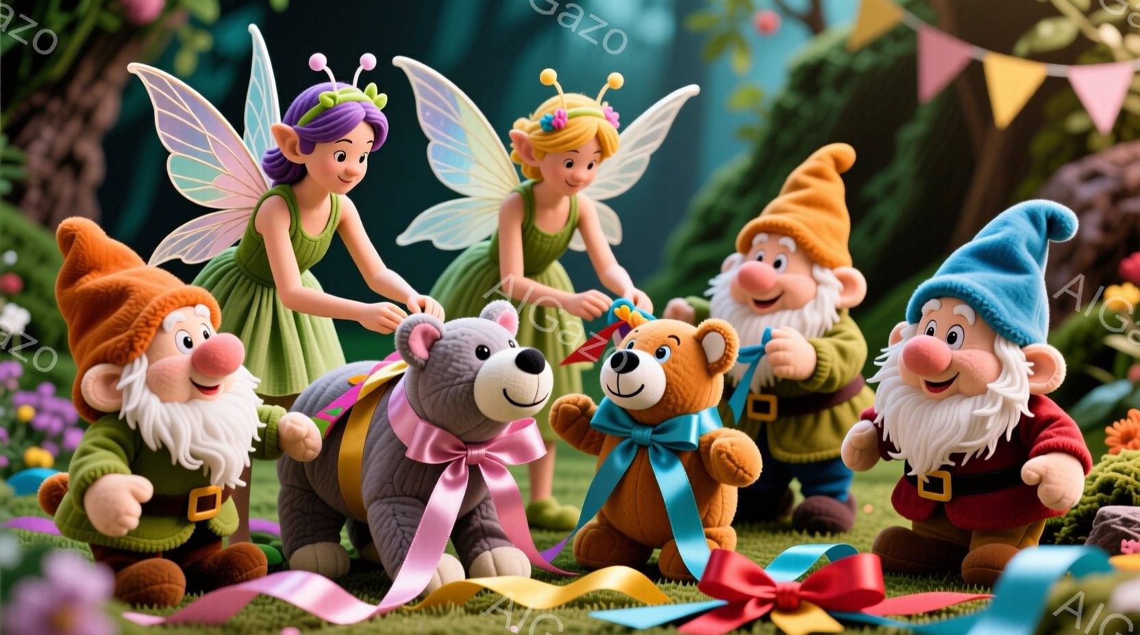 緑豊かな草原を背景に、妖精と小人たちが可愛らしいテディベアにリボンを結んで楽しんでいます。妖精たちは緑色のドレスと透明な羽を持ち、小人たちはそれぞれ赤い、青い、緑色の帽子をかぶり、白いひげを生やしてい - AI生成フリー素材