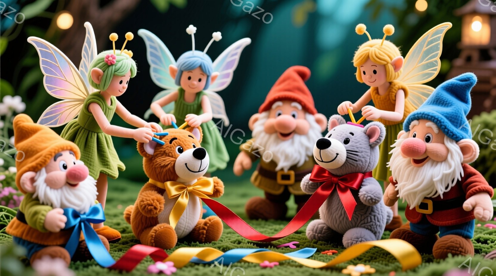 小さな妖精たちが、可愛らしいテディベアたちにリボンを結んであげています。妖精たちは緑色のドレスを着ており、それぞれ髪の色が異なり、顔には微笑みが浮かんでいます。背景には緑の芝生、小さな花々、そして遠く - AI生成フリー素材