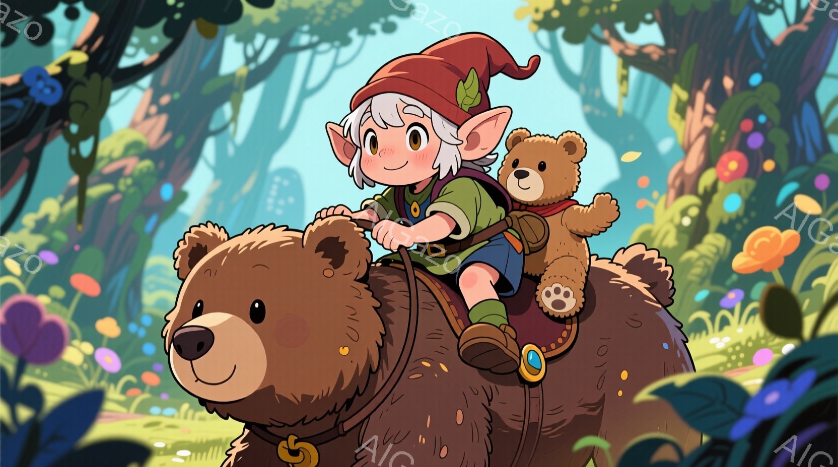 小さなエルフのような少年が、大きな茶色のクマに乗って森の中を駆け抜けている。少年は緑色の服と赤い帽子を身に着け、楽しそうに微笑んでいる。背景には色とりどりのキノコや花が咲き乱れ、ファンタジーのような幻 - AI生成フリー素材