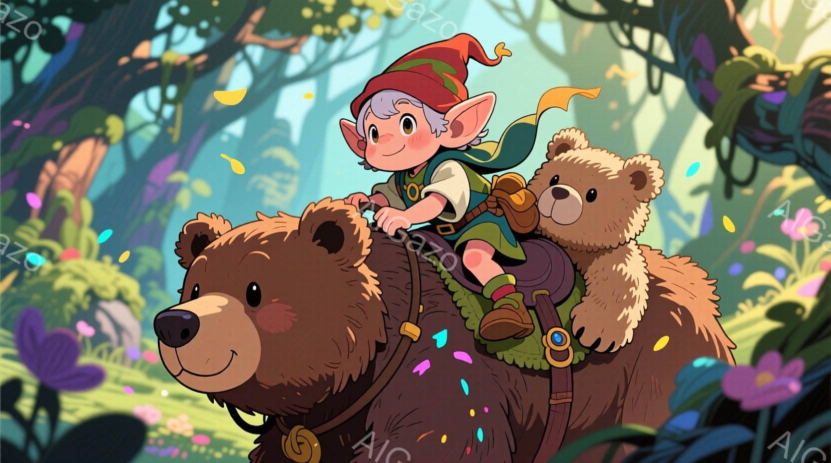 緑豊かな森の中を、帽子をかぶった灰色の髪の小さな妖精のような人物が、大きな茶色のクマに乗って進んでいます。妖精は緑色の服を着て、クマの背中に座り、小さなぬいぐるみのクマを抱いています。背景には色とりど - AI生成フリー素材