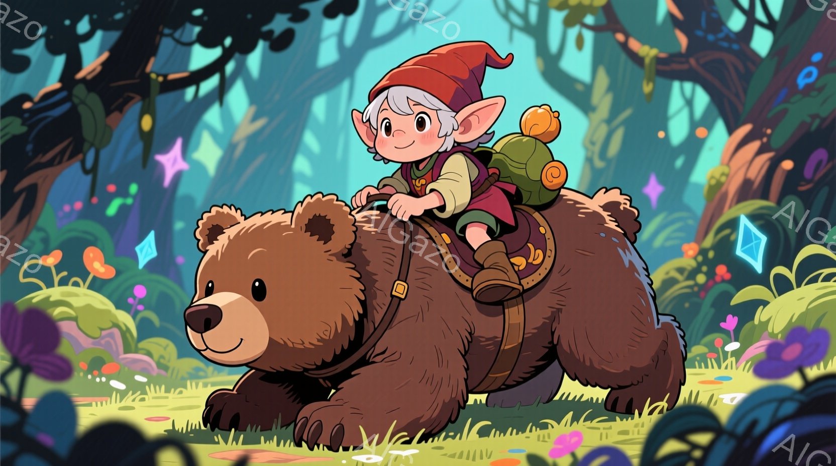 小さな冒険家が大きなクマの背中に乗っているイラストです。冒険家は緑色の服に茶色のブーツを履き、赤い帽子をかぶり、灰色の髪は少し跳ねています。背景は紫色やピンクの花々が咲き乱れる森で、空には星が輝き、ファンタジーのような雰囲気を醸し出しています。