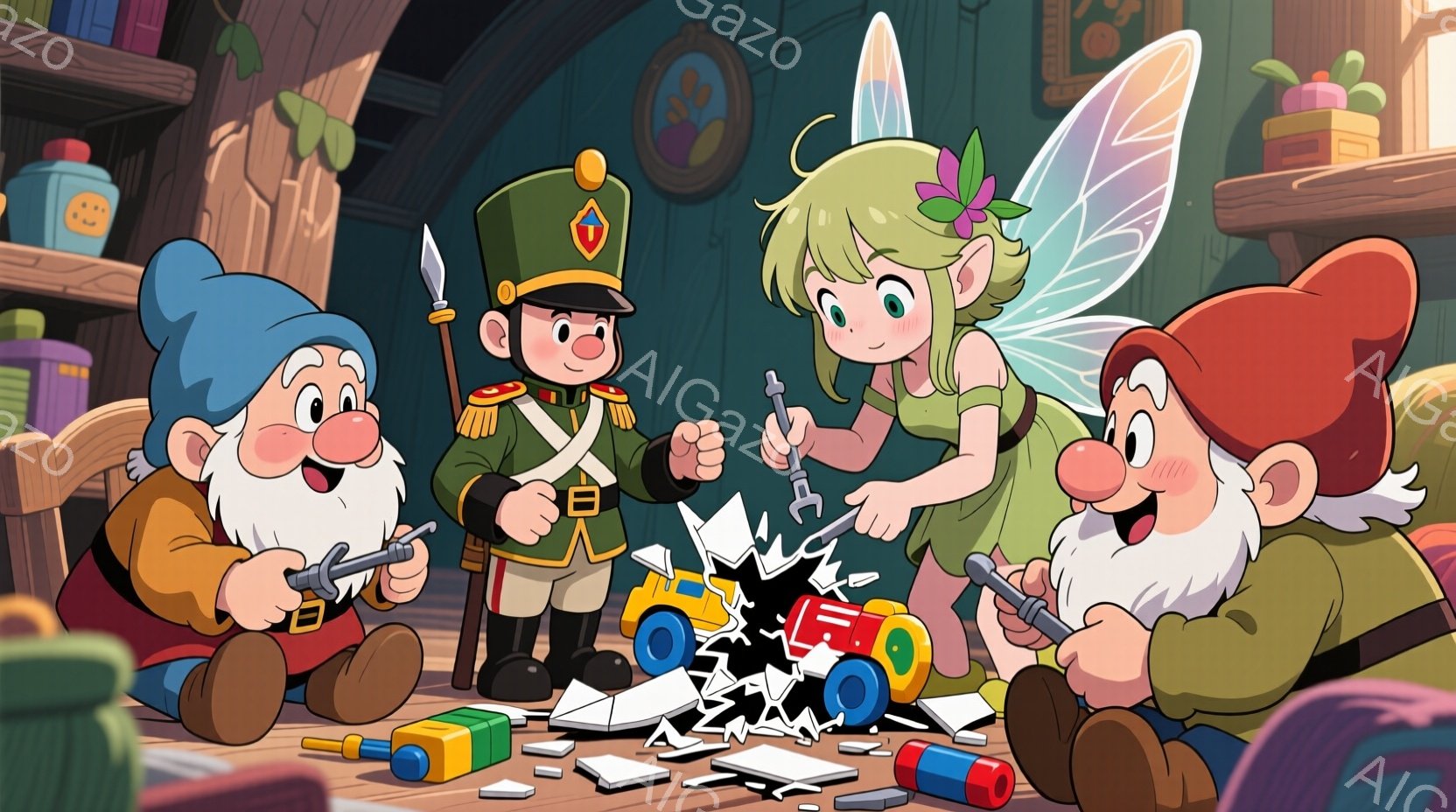 おもちゃを分解している３人の小人と１人の兵士を描いています。兵士は赤いジャケットと黒いズボン、緑の帽子を着用し、真剣な表情で立っています。小人はそれぞれ異なる色の帽子と服を着ており、笑顔で工具を使っておもちゃを分解しています。