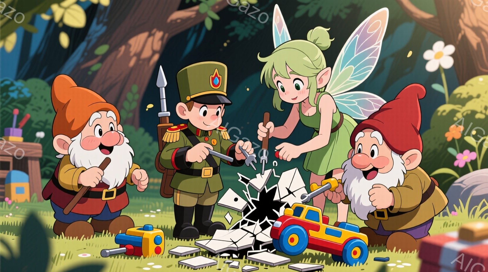 明るい緑の草原を背景に、おもちゃをバラバラにしている人々のグループを描いています。一人の男の子は兵隊風の服装で、赤いジャケットと黒いズボン、軍帽をかぶり、真剣な表情で何かを分解しています。妖精のような女性が彼を手伝い、周りにはおもちゃの車やブロックが散乱しており、全体的に活気があり楽しげな雰囲気です。