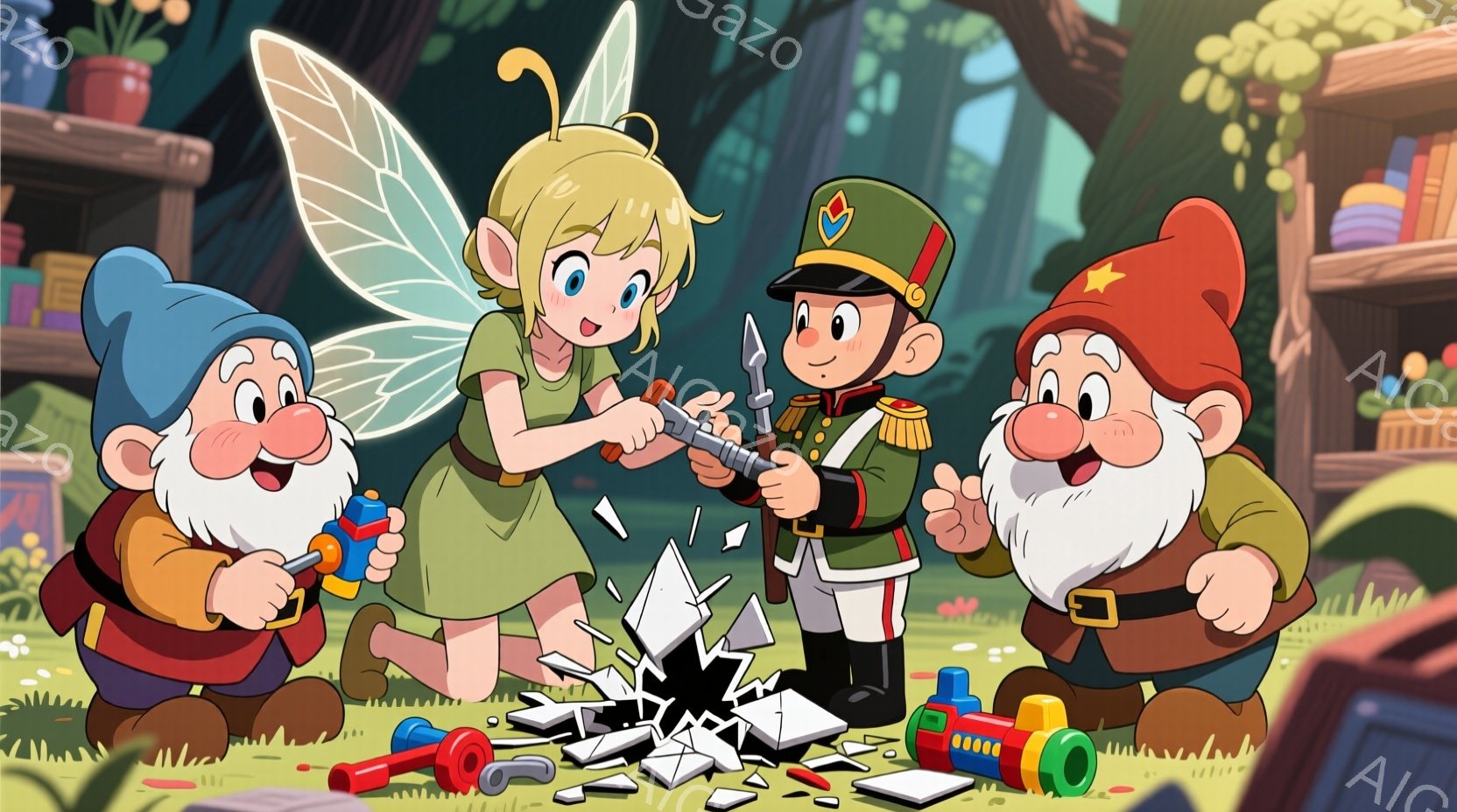 ファンタジー風のキャラクターたちが描かれています。左右に白いひげを生やした小柄な男性キャラクターがおり、片方は赤い帽子とベスト、もう片方は青い帽子をかぶっています。中央には、緑色のワンピースを着た、羽を持つ若い女性がいて、彼女は兵士のような服装をした男性キャラクターと何かを壊そうと力を合わせています。