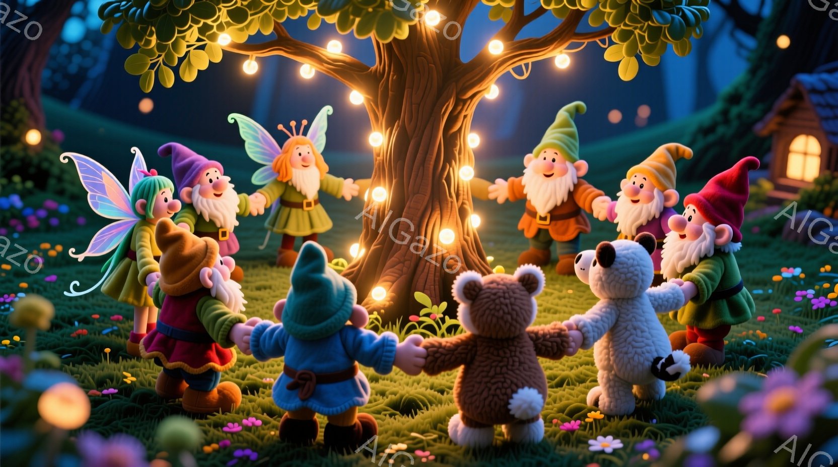 小さな妖精や小人が手をつないで輪になって踊っています。彼らは皆、カラフルな帽子と上着を着ており、顔には幸せそうな笑顔が浮かんでいます。背景には緑豊かな草地、花、そして小さな可愛らしい家があり、全体的に暖かく幻想的な雰囲気を醸し出しています。