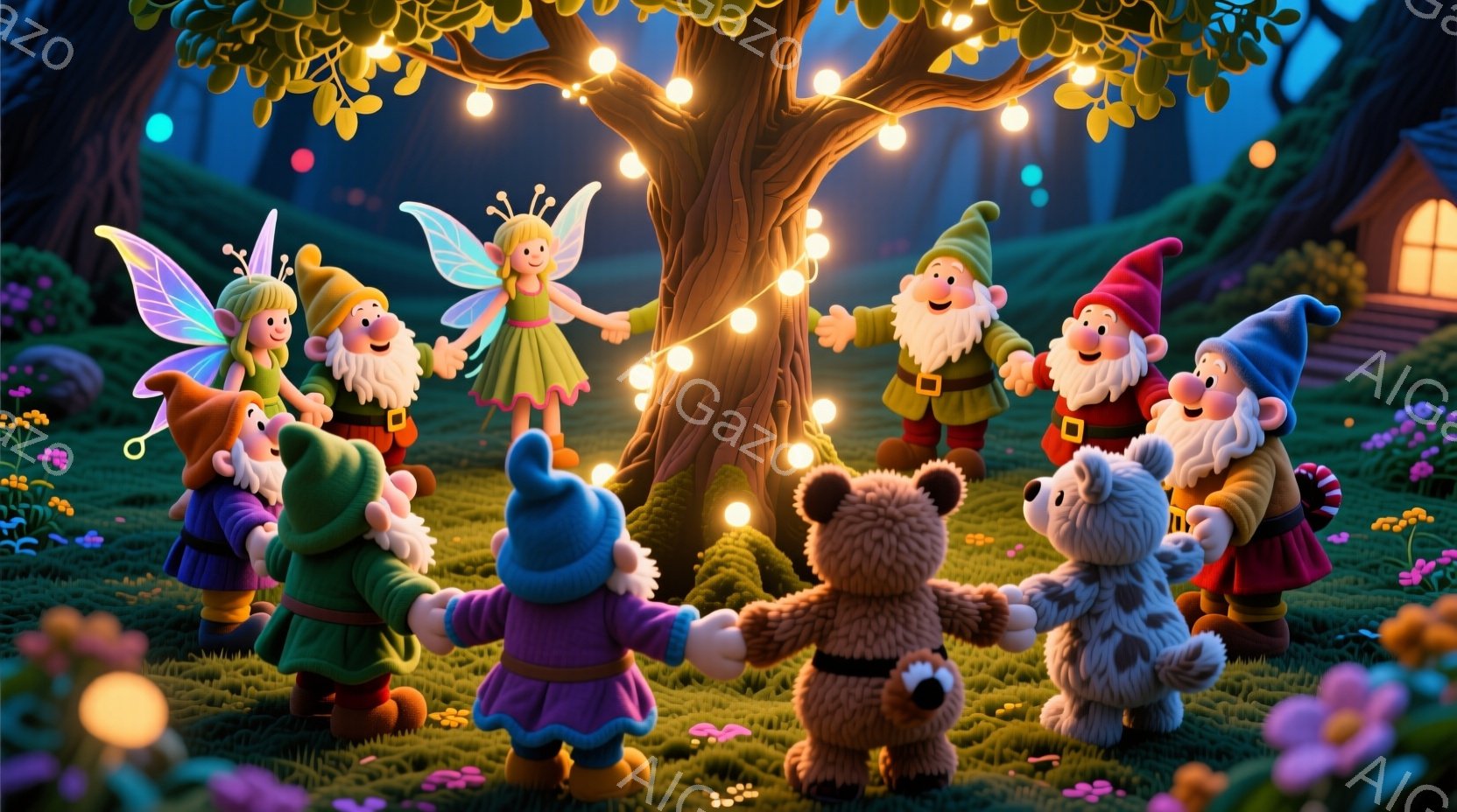 明るい緑の草原で、妖精、小人、クマのぬいぐるみが手をつないで輪になって踊っています。妖精は緑色のドレスと透明な羽を持ち、小人はそれぞれ異なる色の帽子とベストを着ています。背景には木が生い茂り、遠くには - AI生成フリー素材