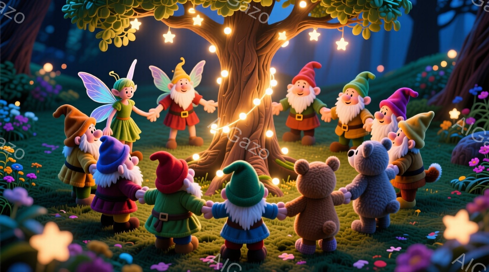 小さな妖精と小人が、光る飾りで飾られた木の周りで手をつないで輪になっている。彼らはそれぞれ異なる色の帽子と、胸元に留められたバックル付きのベストを着ている。背景には緑豊かな草地、色とりどりの花、そして暗い森が広がり、幻想的で温かい雰囲気が漂っている。