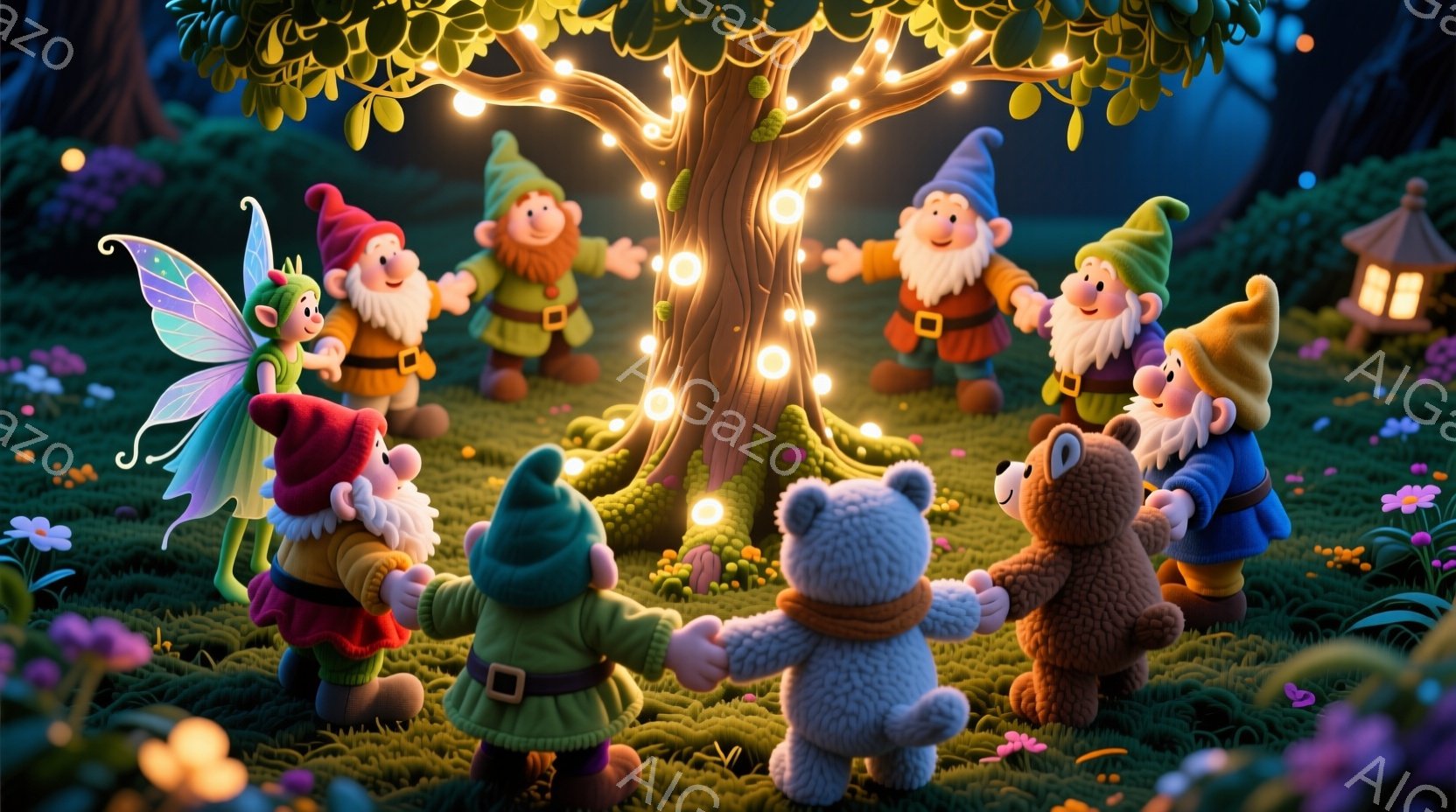 小さな妖精と7人の小人が手をつないで輪になって踊っている。彼らは皆、緑、赤、青などのカラフルな衣装を着ており、笑顔で楽しそうにしている。背景には緑豊かな草原と木々、そして遠くに見える小さな家があり、幻想的で暖かい雰囲気を醸し出している。