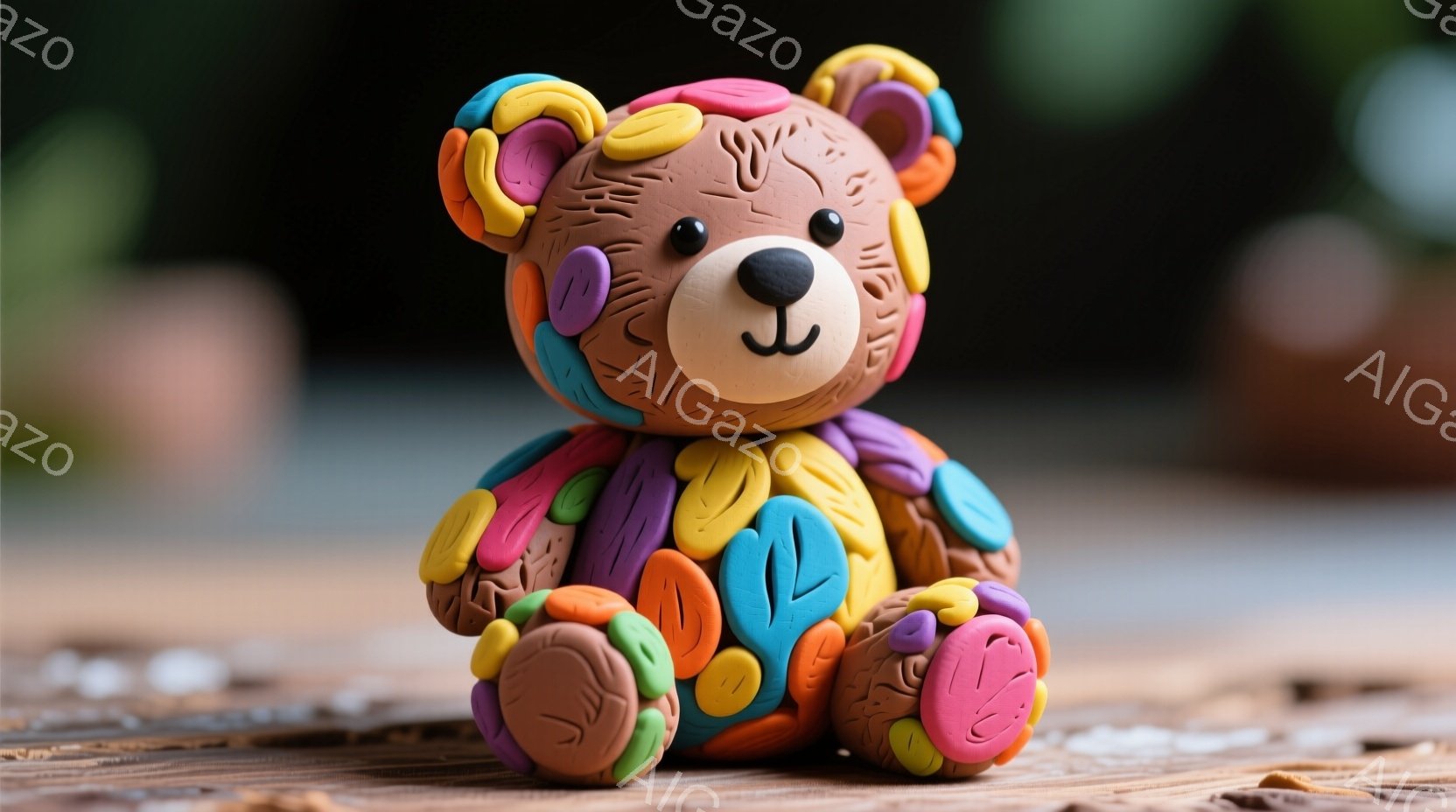 カラフルな粘土で作られたテディベアを描いています。茶色の毛並みに、赤、青、黄色、紫などのカラフルなパーツが縫い付けられたようなデザインで、かわいらしい表情をしています。背景は木製のテーブルで、少しぼやけた自然の風景が広がっており、温かくて遊び心のある雰囲気です。