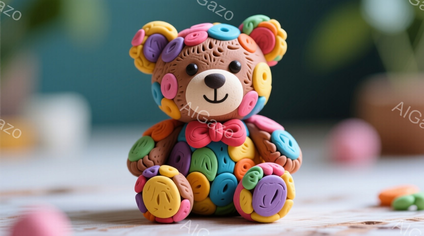 カラフルなボタンで覆われた茶色のテディベアを描いています。ベアは座っており、少し微笑んでいて、とても愛らしい印象です。背景はぼやけており、パステルカラーのオブジェクトがいくつか見え、全体的に暖かく、遊び心のある雰囲気が漂っています。