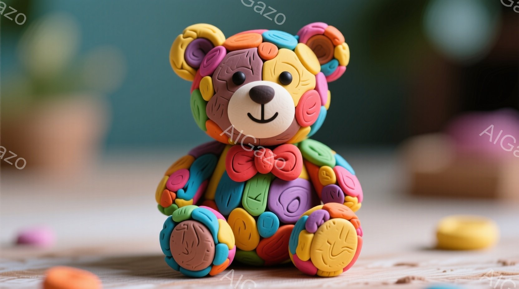 カラフルな粘土で作られたテディベアが、明るい背景に座っています。ベアは様々な色の小さな粘土の塊で構成されており、パッチワークのようなユニークな外観を作り出しています。背景には、他の色の粘土の塊がいくつ - AI生成フリー素材