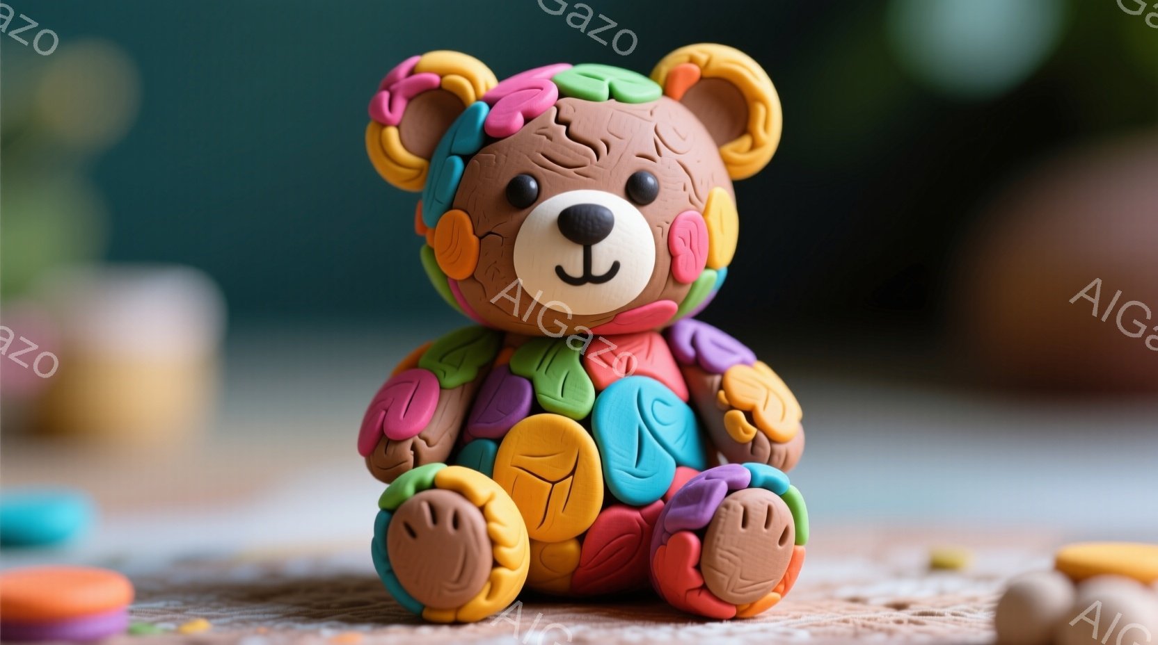 カラフルな粘土で作られたテディベアが中央に配置されています。ベアは茶色の顔を持ち、体は赤、青、黄色、緑などの様々な色の粘土の破片で覆われています。背景には、ぼやけた色の塊と、いくつかの粘土の破片が見え、手作りのおもちゃや工芸品の雰囲気を感じさせます。