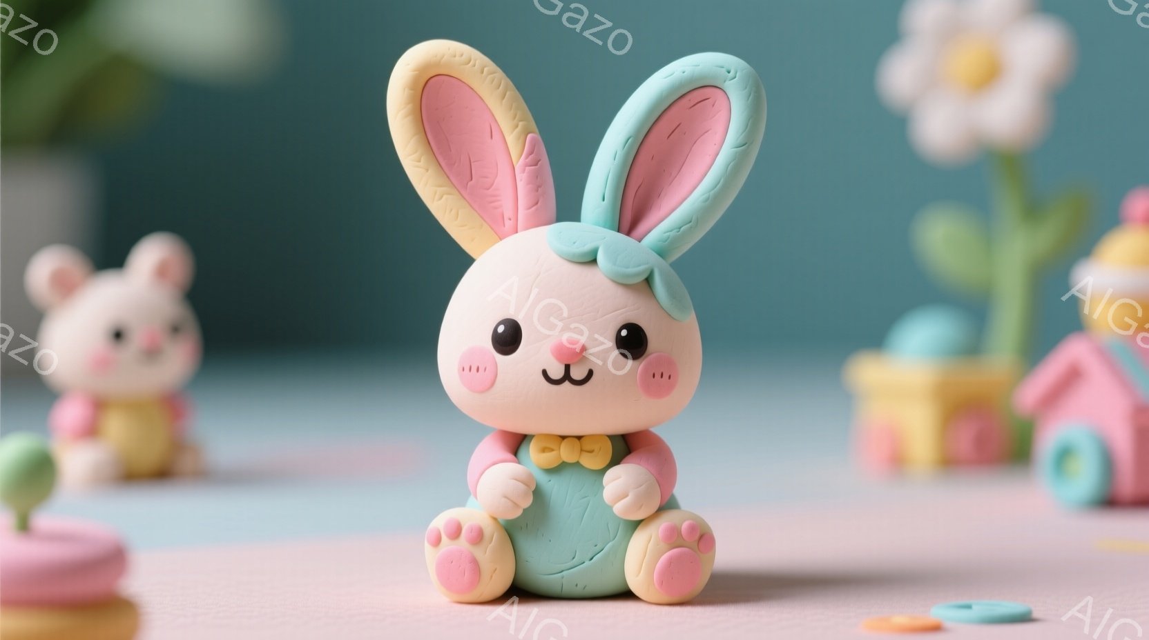 柔らかいパステルカラーで構成された可愛らしい粘土細工の風景です。中央には、ターコイズ色のボディに小さな黄色い蝶ネクタイを付けた、つぶらな瞳のウサギが座っており、ほほえましい表情をしています。背景には、マカロン、お菓子のお家、花などの可愛らしいモチーフが配置され、春らしい暖かく穏やかな雰囲気を醸し出しています。