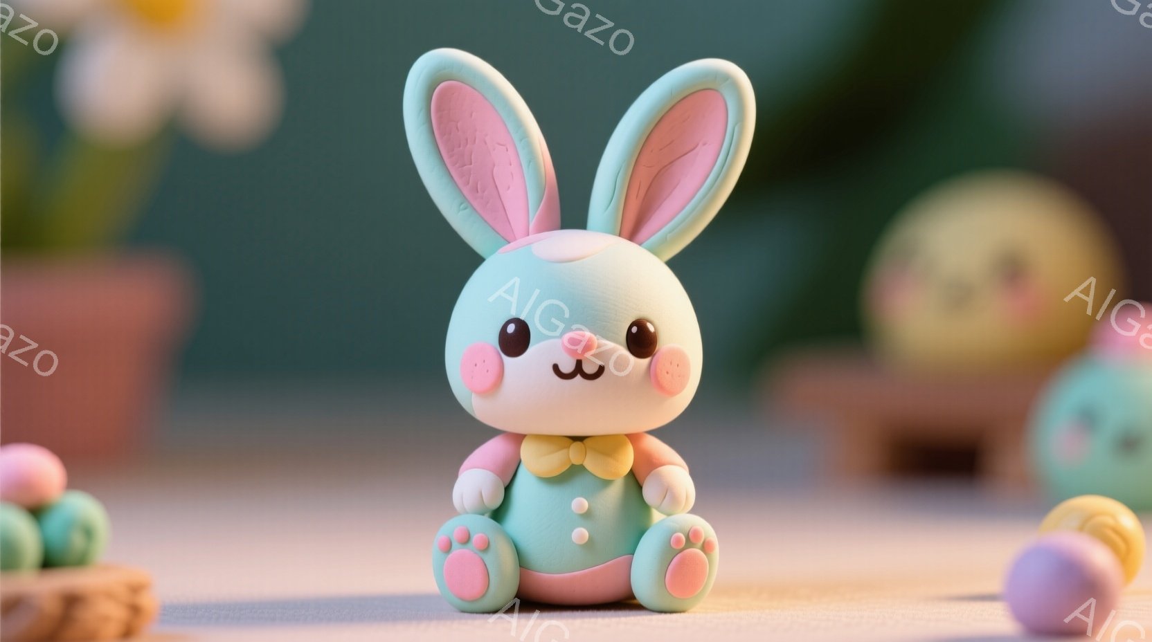 リアルティー（RTD）スタイルのアニメーションです。中央にあるクレイのラビット人形は、玩具のような綺麗なデザインをしています。ラビットはピンクとブルーのカラーリングで作られており、白い縦縞が胴回りにあります。彼/彼女は大きな丸い目を持ち、手足も大きく表現されているのが特徴です。ラビットは、仲間の玩具や花瓣を見つめる表情をしており、簡単な笑顔で、親切な感覚を与えます。背景は穏やかな風景であり、涼しい空気が感じられるように設計されています。、親しみや楽しみの印象を与え、とても可愛く感じます。