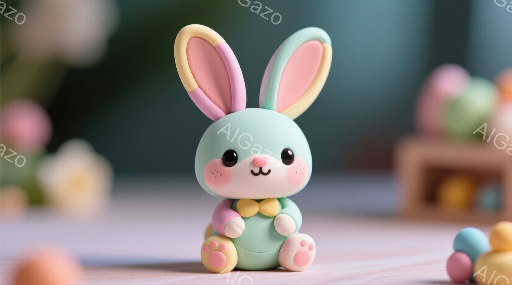 柔らかい緑色のウサギの置物が、ピンクと黄色の縞模様のセーターを着て、膝を抱えて座っています。ウサギは丸い頬を持ち、小さな笑顔で愛らしい表情をしています。背景には、パステルカラーの卵が散りばめられ、明る - AI生成フリー素材