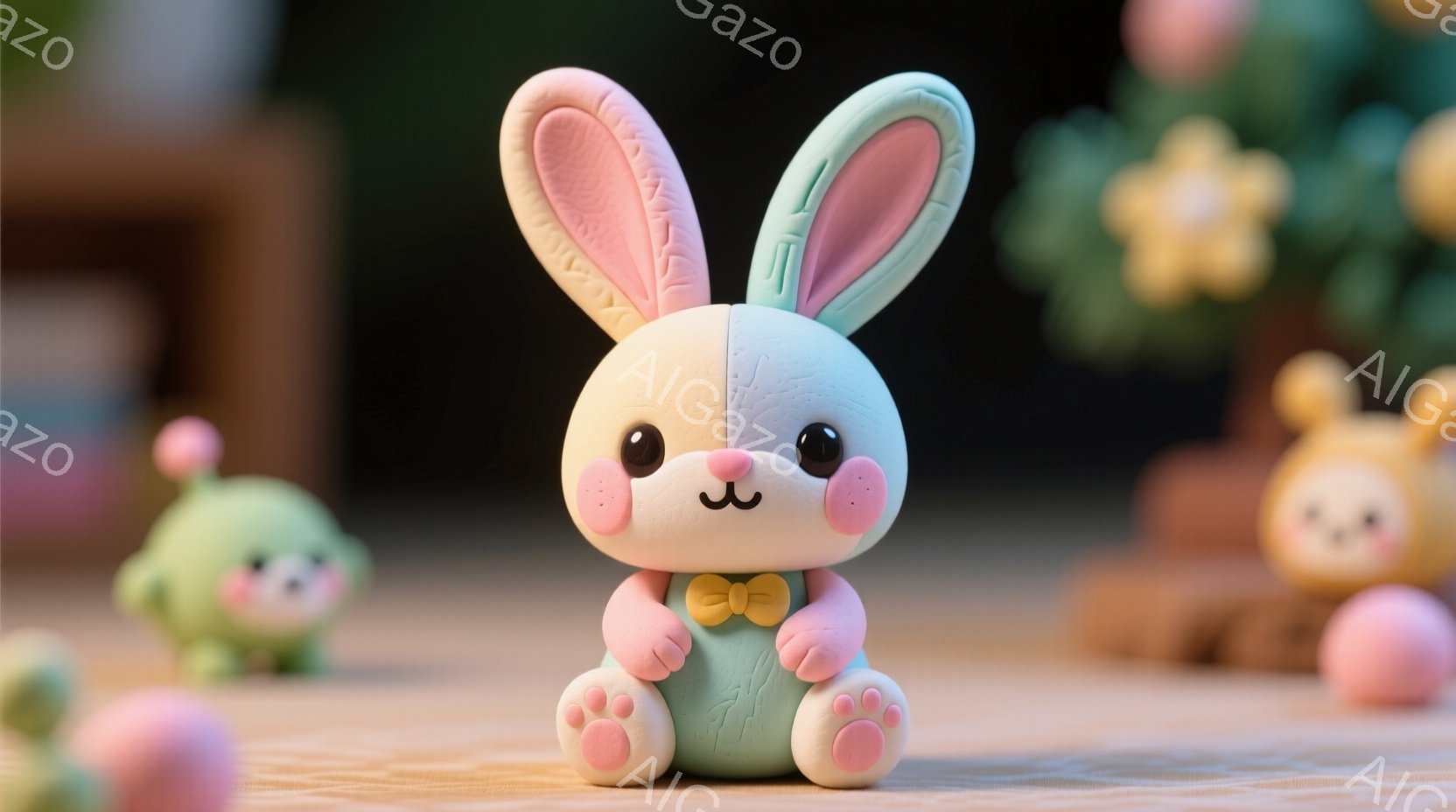 ふわふわのパステルグリーンのうさぎの置物が、ピンク色の蝶結びのリボンをつけて座っています。つぶらな瞳と頬の赤みが可愛らしく、穏やかな表情をしています。背景には、他の動物の置物や、ぼやけた植物が見え、全体的に柔らかく温かい雰囲気が漂っています。