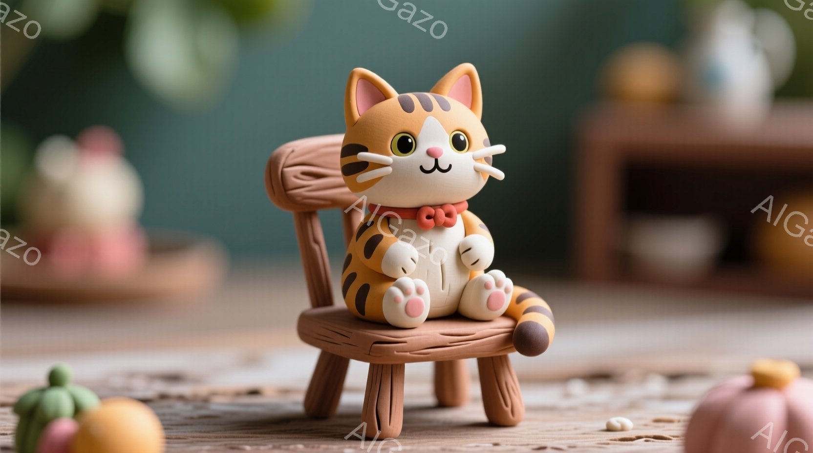 一つの目立つ要素であるテディベアを中心に展示する。その雰囲気は平和で、玩具の仕様や表情が視覚的に楽しいと感じさせます。テディベアはリラックスした姿勢を示しており、目は閉じられ、口元に小さな笑顔があります。その背景は暖かい色調であり、家具や穴子、アイテムが周囲に配置されているように見えます。