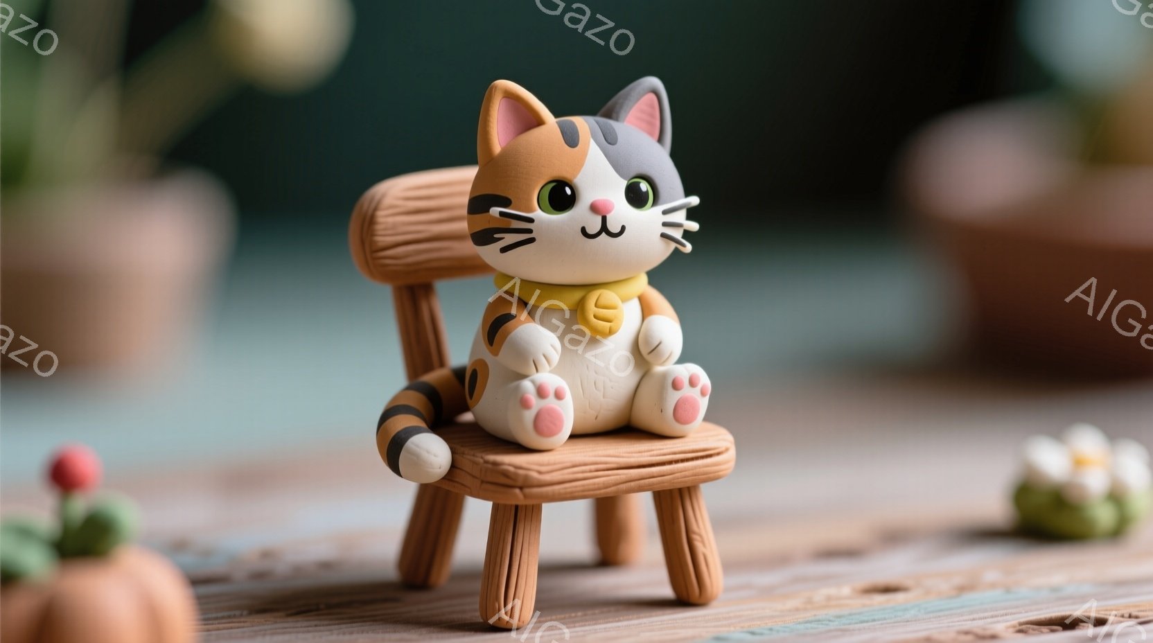 粘土で作られた猫が、ミニチュアの木の椅子に座っています。猫はオレンジと白の模様で、首には黄色いリボンをつけています。背景には、ぼやけた植物と木目のテーブルがあり、全体的に温かく、可愛らしい雰囲気です。