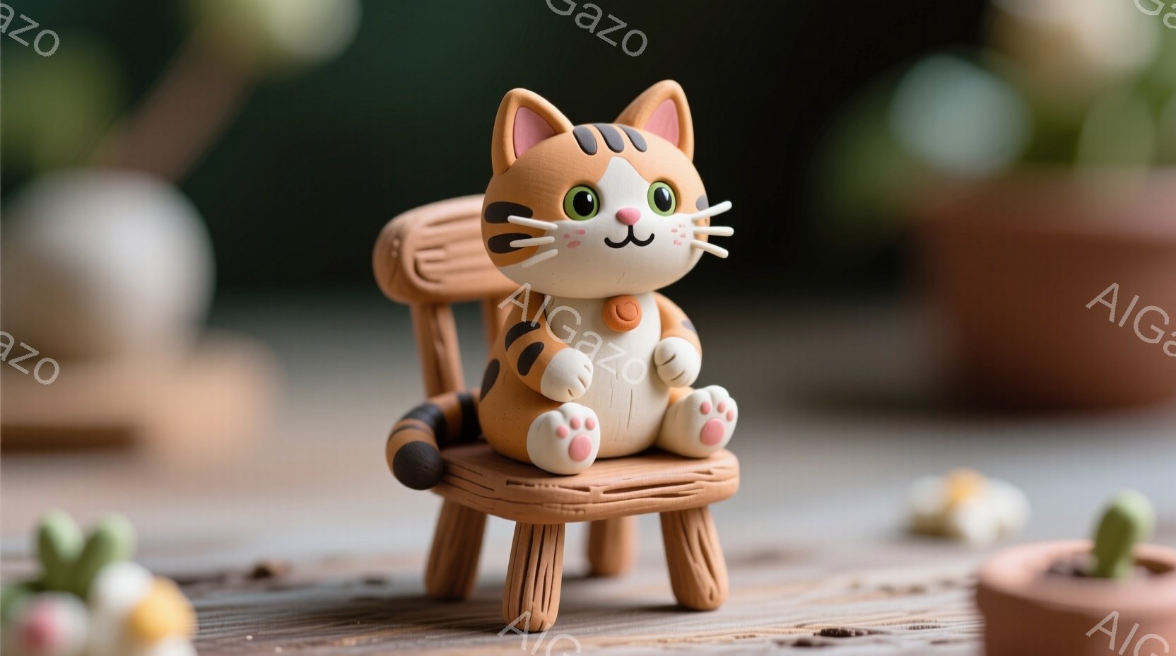 鮮やかなオレンジと白の縞模様の猫が、小さな木製の椅子に座っています。猫は丸い頬とつぶらな瞳で愛らしい表情を浮かべ、首輪をつけています。背景には、サボテンや陶器の鉢がぼんやりと見え、全体的に温かく、おとぎ話のような雰囲気が漂っています。