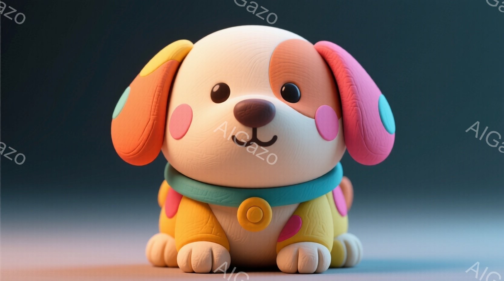 これは、明るい色合いの、丸みを帯びた子犬の3Dレンダリング画像です。子犬はターコイズ色の襟と、オレンジとピンクの耳、そしてオレンジ色のオーバーオールのような服装をしています。背景は穏やかな青色で、子犬の可愛らしさを際立たせており、全体的に温かく優しい雰囲気が漂っています。