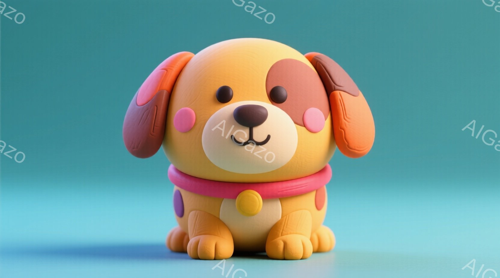 これは丸みを帯びたオレンジ色の犬のイラストで、つややかな質感で表現されています。赤い首輪をつけており、大きな黒い瞳と愛らしい笑顔が特徴的です。背景は鮮やかな水色で、犬が引き立つようにシンプルに表現されています。