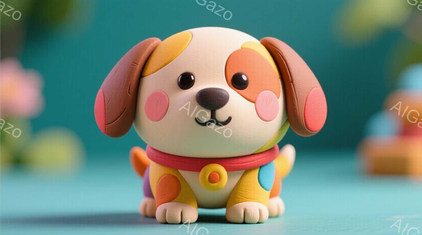 明るいターコイズブルーの背景に、丸みを帯びた犬の置物が中央に配置されています。茶色とオレンジのパッチワーク模様の体と、赤い首輪をつけており、愛らしい表情とわずかに開いた口が特徴です。背景にはぼやけた花と、他のカラフルな置物がわずかに見え、全体的に温かく、遊び心のある雰囲気を醸し出しています。