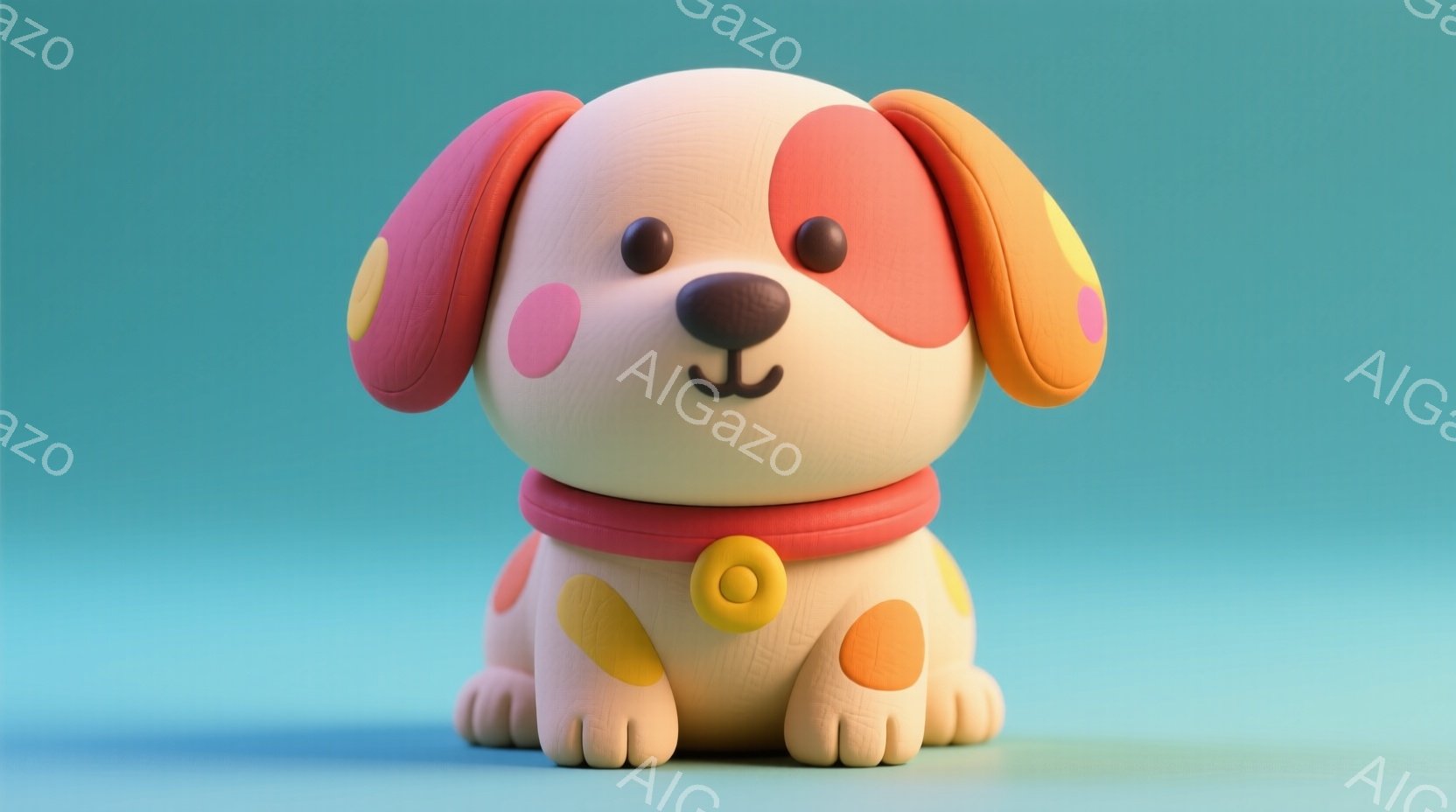 丸みを帯びた可愛らしい犬の3Dレンダリングです。クリーム色の体にオレンジとピンクの水玉模様があり、赤い首輪をつけています。背景はターコイズブルーで、犬は正面を向いて座っており、穏やかで愛らしい雰囲気を醸し出しています。