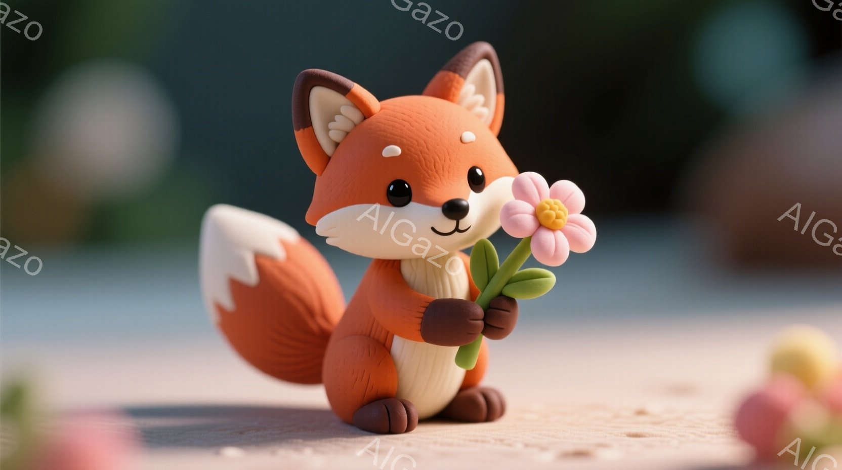 キュートなアニメフォックスが、白い花を手に持ち、微笑みながらそれを見る姿勢でポジティブな雰囲気の中で表情は楽しげ。背景は自然で春の日の光が強くあり、草や花がいくつか散らばっている。
