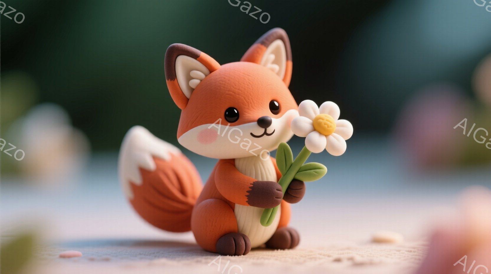 オレンジ色の可愛らしいキツネが、手に白い花を抱えています。キツネは丸みを帯びた体型で、つぶらな瞳とわずかに微笑んだ表情が特徴的です。背景にはぼやけた緑と、わずかに見える花びらが散らばっており、温かく優 - AI生成フリー素材