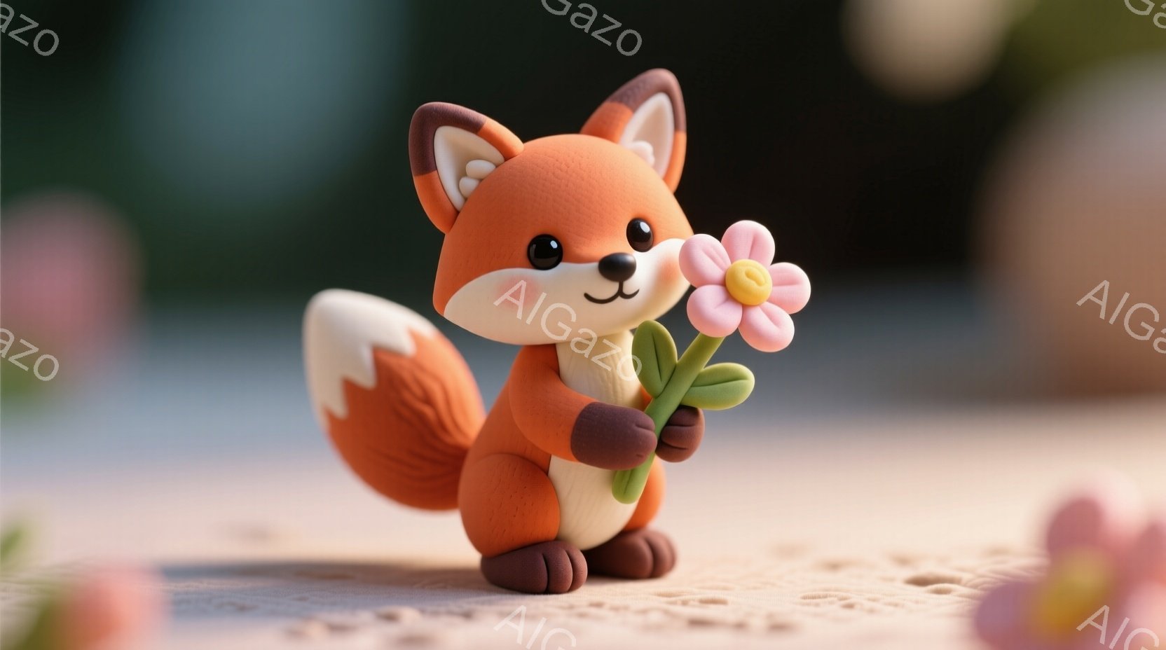 オレンジ色の愛らしいキツネが、ピンク色の花を手に持っています。つぶらな瞳とほのかな笑顔が特徴で、丸みを帯びたフォルムが可愛らしさを引き立てています。背景はぼかされており、花びらが散らばる、暖かく穏やか - AI生成フリー素材