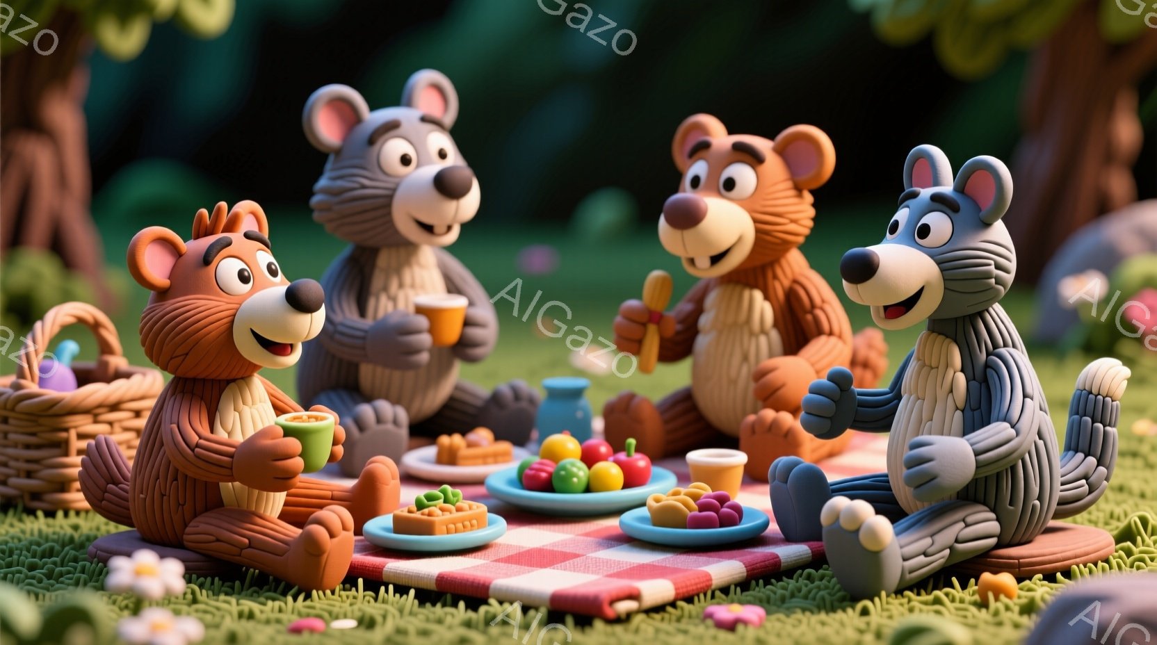 粘土のような質感のクマたちが、赤いチェックのピクニックシートを囲んでお茶会を楽しんでいます。彼らは皆、それぞれ異なる色の毛並みで、幸せそうな笑顔を浮かべており、お茶やお菓子を手にしています。背景には緑 - AI生成フリー素材