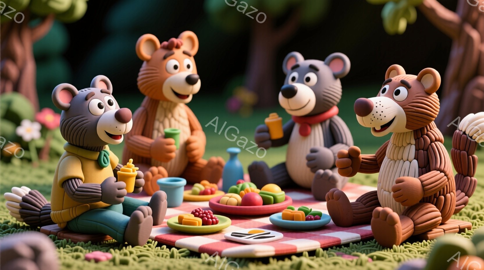 粘土で作られたような四匹のクマが、チェック柄のピクニックブランケットを囲んで食事を楽しんでいます。クマたちはそれぞれ異なる色の服を着ており、笑顔で飲み物を飲んだり、料理を前にして嬉しそうにしています。背景には緑の草地と木々が見え、ピクニックに最適な晴れた日の穏やかな雰囲気が漂っています。