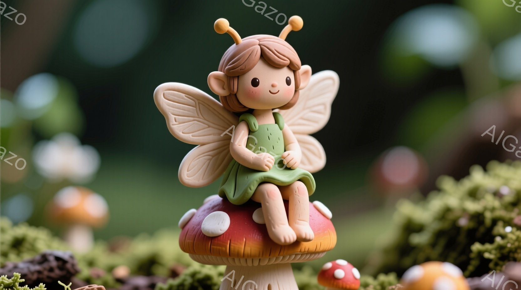 小さな妖精が赤いキノコの傘の上に座っており、緑色のワンピースを着ています。彼女は茶色の巻き毛と、小さな羽を持ち、穏やかな笑顔を浮かべています。背景には緑の苔と他の小さなキノコがぼんやりと見え、ファンタ - AI生成フリー素材