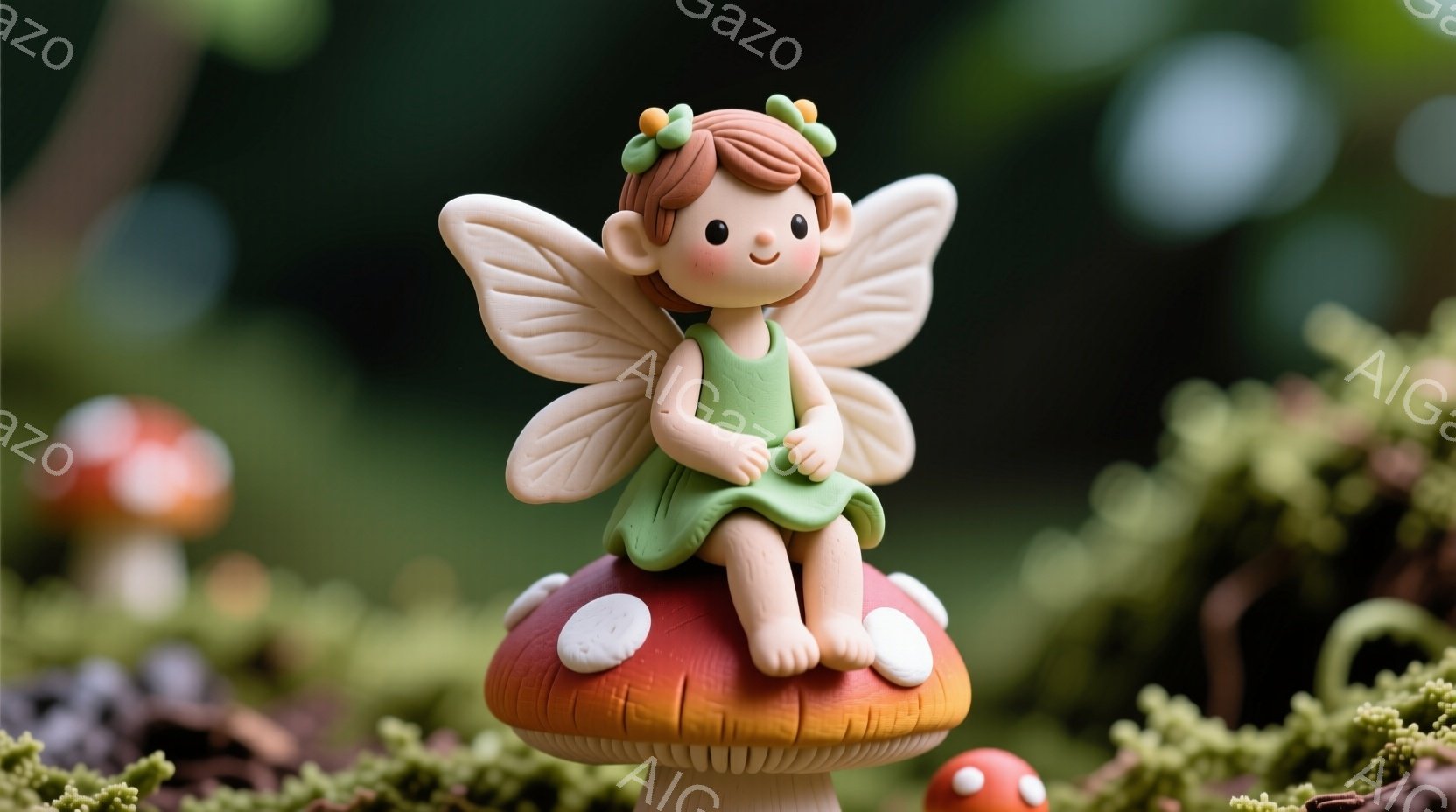 緑色のワンピースを着た、茶色の髪の妖精が、赤い柄のキノコの上に座っています。彼女は微笑んでおり、小さな翼を背中に持っています。背景には緑色の苔と他のキノコが見え、幻想的な雰囲気を醸し出しています。 - AI生成フリー素材