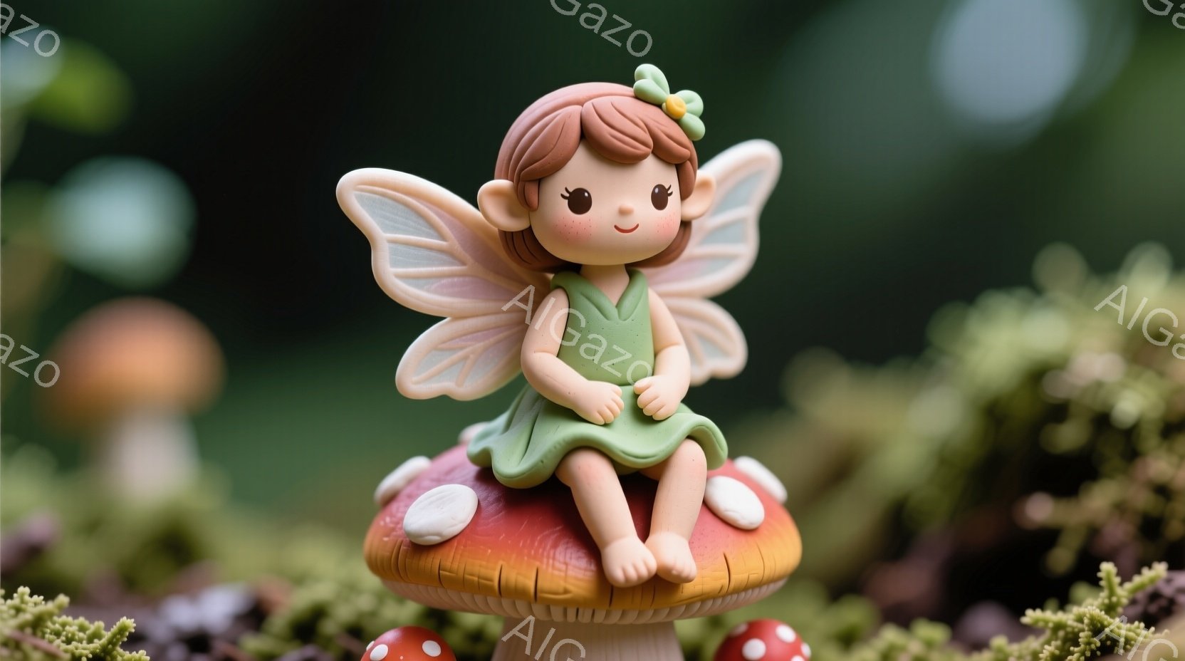 明るい緑色のワンピースを着た小さな妖精が、赤い毒キノコの上で座っています。茶色の巻き毛に花飾りをつけ、つぶらな瞳で微笑んでいます。背景には、ぼやけた緑色の植物が広がり、幻想的で可愛らしい雰囲気です。 - AI生成フリー素材