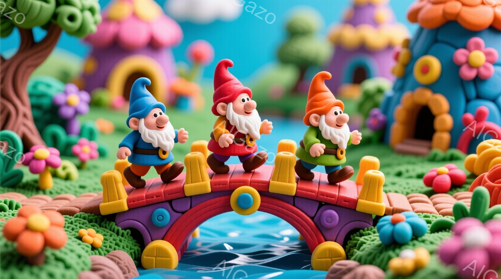 鮮やかな色使いの粘土で作られた風景で、3人の小人が赤い橋の上を歩いています。彼らはそれぞれ異なる色の帽子と服装で、楽しげな表情をしています。背景には、カラフルな花、丸い形の家、そして青い水面が広がって - AI生成フリー素材