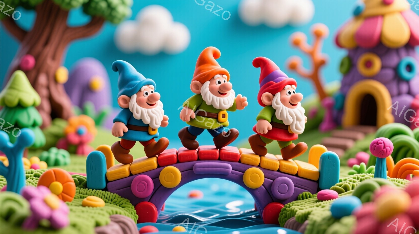 可愛らしい粘土で作られたファンタジーの世界を描いています。三人の小人が紫色のアーチ橋の上を歩いており、それぞれ青、緑、赤色の帽子と服を着て、笑顔で元気いっぱいの表情をしています。背景には、カラフルなキ - AI生成フリー素材