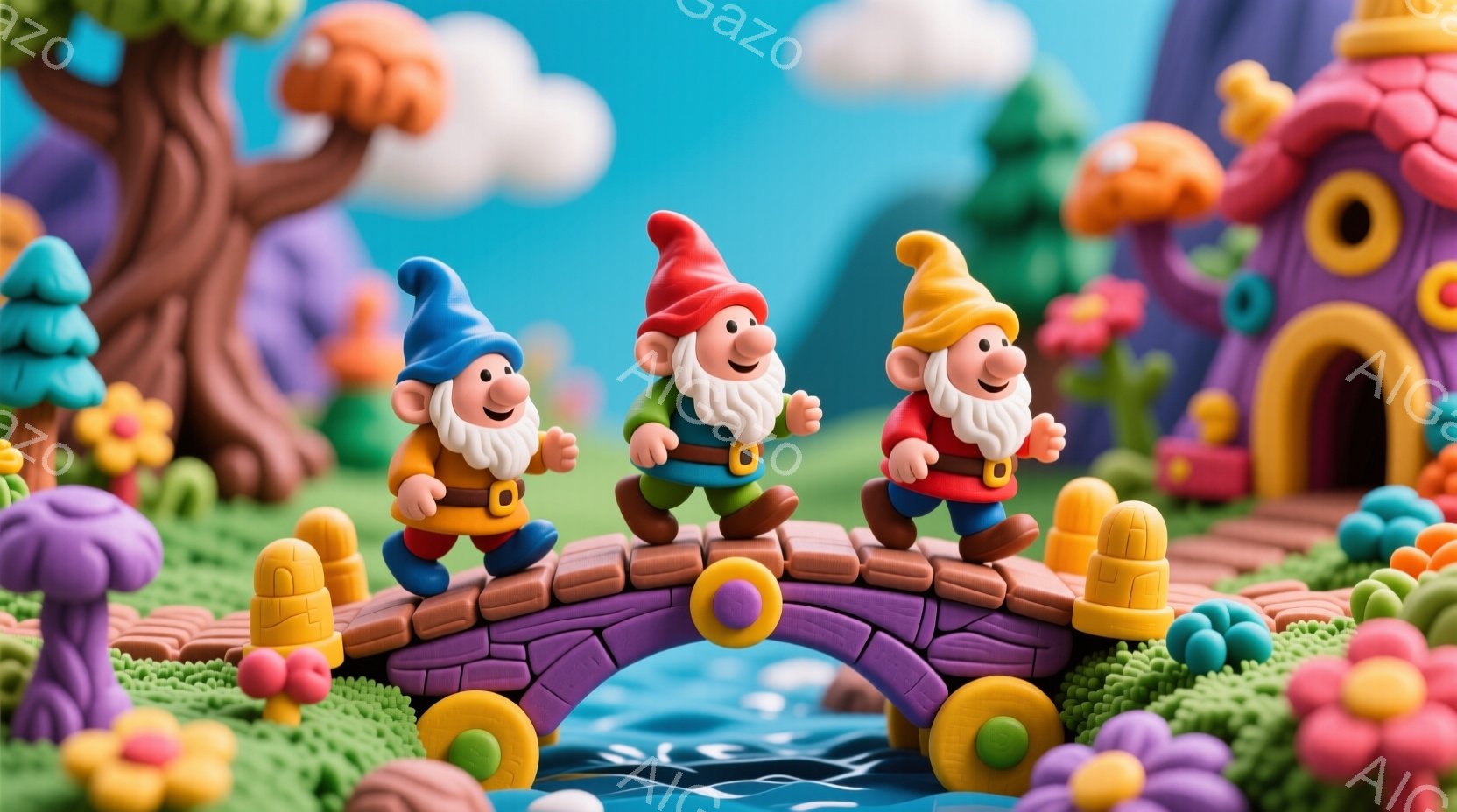明るい色彩で構成された粘土のような世界で、３人の小人が橋の上を歩いている。彼らはそれぞれ赤い、緑、黄色の服を着ており、白いひげと尖った帽子をかぶっている。背景には、紫色の屋根の家、緑の木々、そして青い空と白い雲が広がり、全体的に陽気でファンタジーな雰囲気を醸し出している。