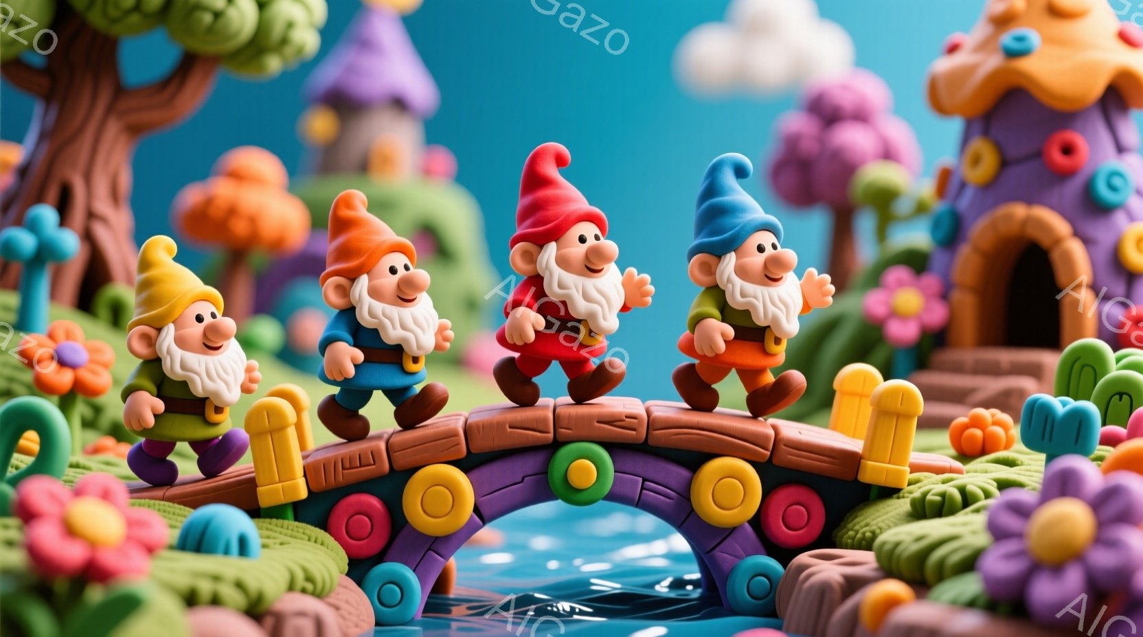 可愛らしい粘土で作られた小人たちが、紫色のアーチ橋の上を歩いています。彼らは赤い帽子と青い服を着ており、白いひげを生やし、楽しそうな笑顔を浮かべています。背景にはカラフルな花々が生い茂り、ユニークな形の家々が立ち並び、明るく陽気な雰囲気を醸し出しています。