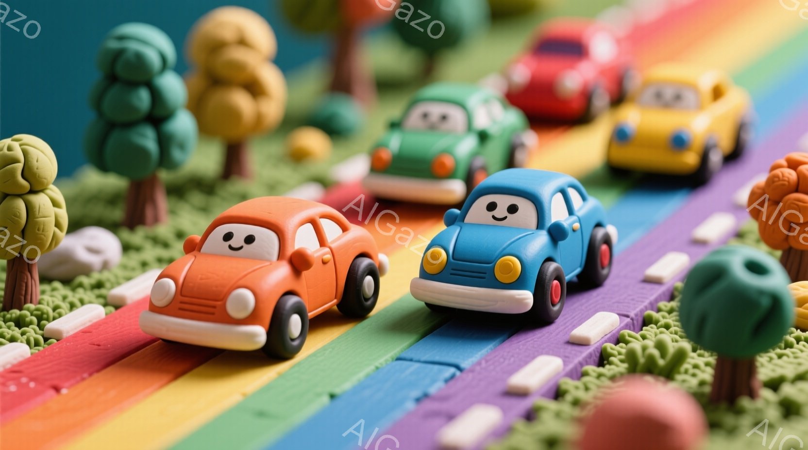 カラフルな粘土で作られた車が、虹色の道の上を走っている様子が描かれています。車には可愛らしい顔がついており、緑色の植物や茶色の岩が道の両側に配置されています。全体的に明るく、遊び心のある雰囲気が漂って - AI生成フリー素材