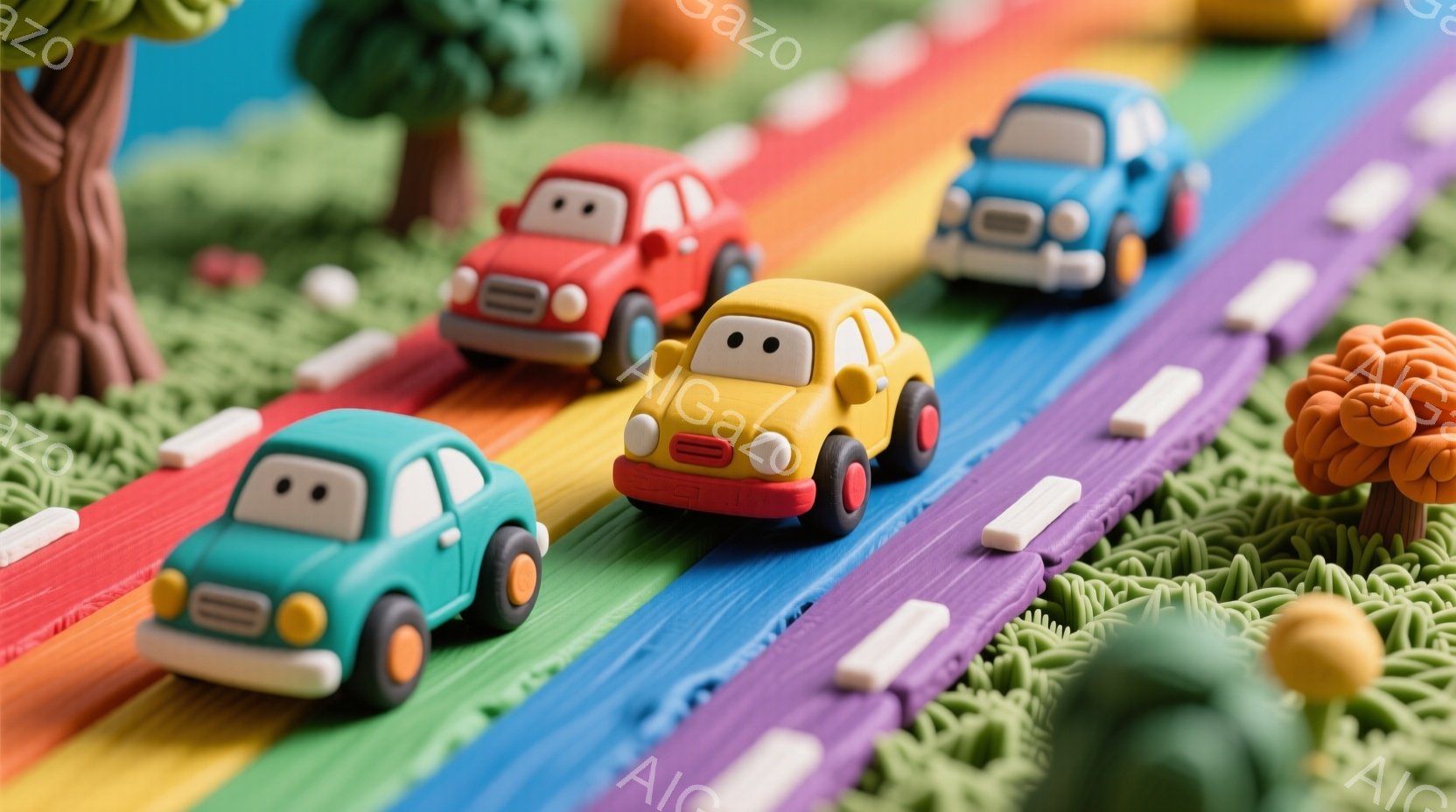 カラフルな粘土で作られた車が、虹色の道路の上を走っている様子が描かれています。道路の脇には、緑色の糸で作られた草と、オレンジや茶色の小さな粘土の木が配置されており、可愛らしい雰囲気を作り出しています。全体的に明るく、楽しげな色彩が、子供向けのイラストレーションのような印象を与えます。