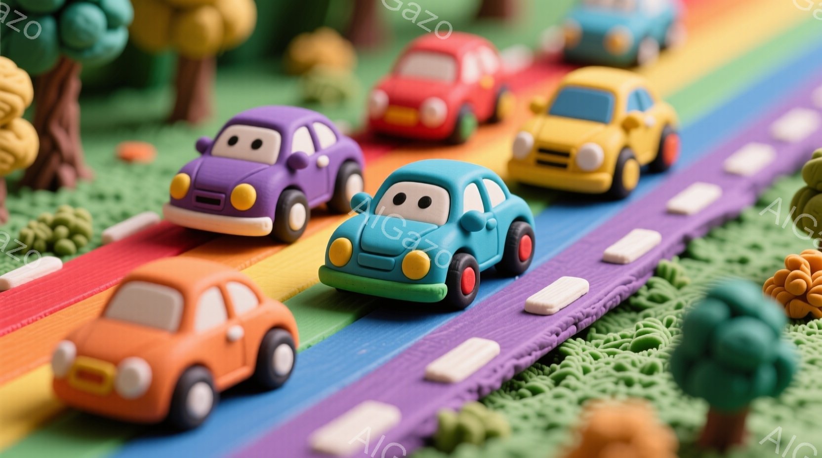 カラフルな粘土で作られた車が、虹色の道路を走っている様子が描かれています。背景には緑色の粘土の丘と、様々な色の小さな樹木が配置されており、可愛らしい雰囲気を作り出しています。車はすべて正面を向き、シン - AI生成フリー素材