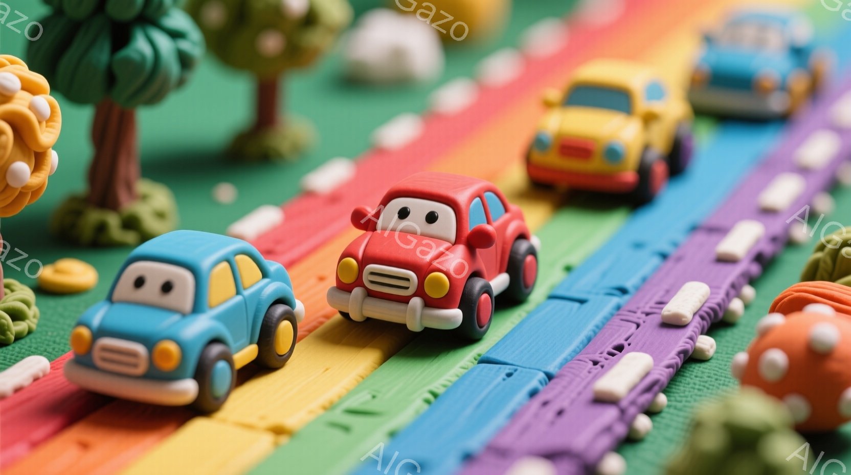 カラフルな粘土で作られたミニカーが、虹色の道路を走行している様子が描かれています。緑色の樹木や赤い花のような装飾が道路脇に配置されており、おとぎ話のような夢幻的な雰囲気を醸し出しています。全体的に明るく、子供らしい遊び心に満ちた、楽しい情景です。