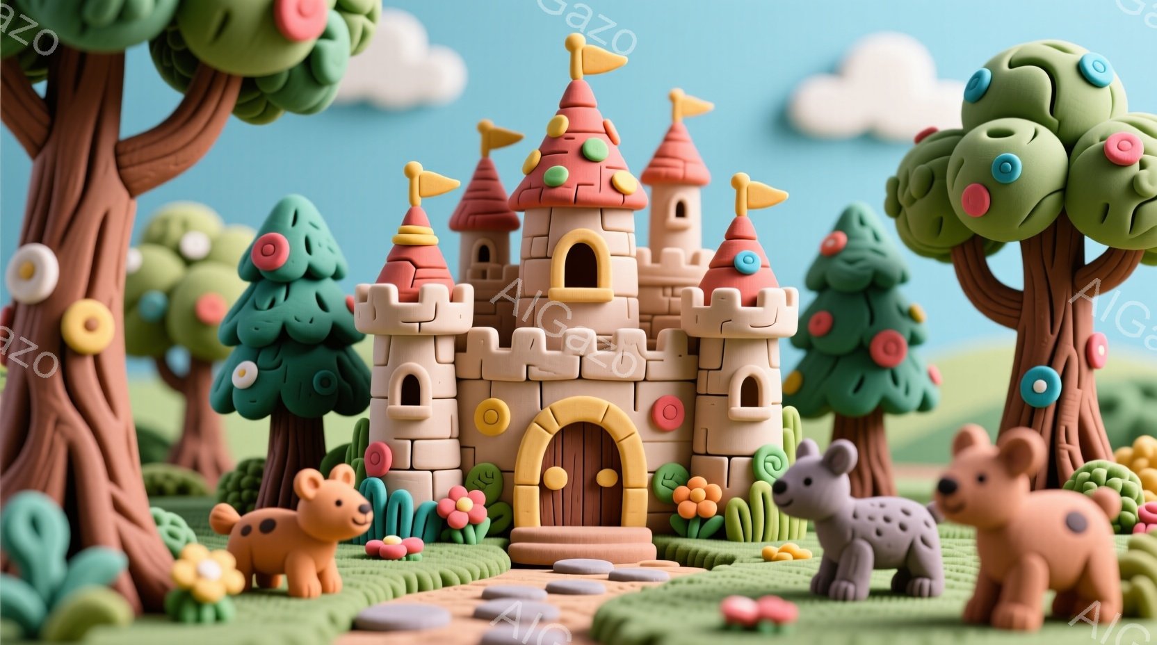 粘土で作られたような可愛らしい城が、緑豊かな自然の中に建っています。城はベージュ色で、オレンジ色の屋根と旗がアクセントになっており、周囲には花や茂みが咲き乱れています。可愛らしい動物たちが城の周りを歩 - AI生成フリー素材