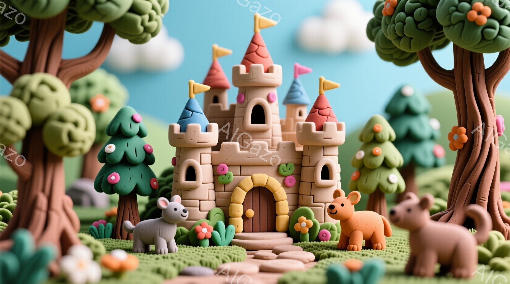 粘土で作られたような可愛らしいお城が、緑豊かな丘の上に建っています。お城の周りには、小さな動物たちがおり、特に正面には灰色とオレンジ色の動物が配置され、楽しげな雰囲気を醸し出しています。背景には、丸みを帯びた木々と青空が広がり、全体的に温かく、夢のような世界観が表現されています。