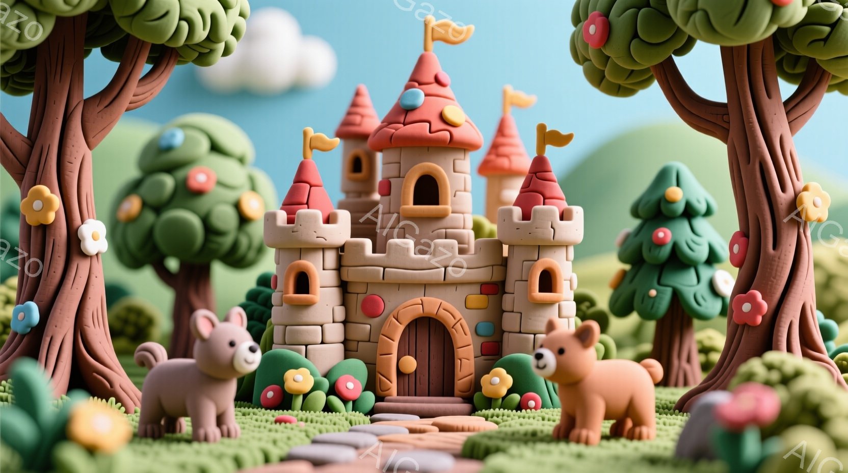 可愛らしい粘土のような世界が描かれており、中央にはクリーム色の城が建っています。城の周りには緑の木々やカラフルな花が咲き、2匹の白い子犬が道を歩いています。空は明るい青色で、全体的に温かく、夢のような - AI生成フリー素材