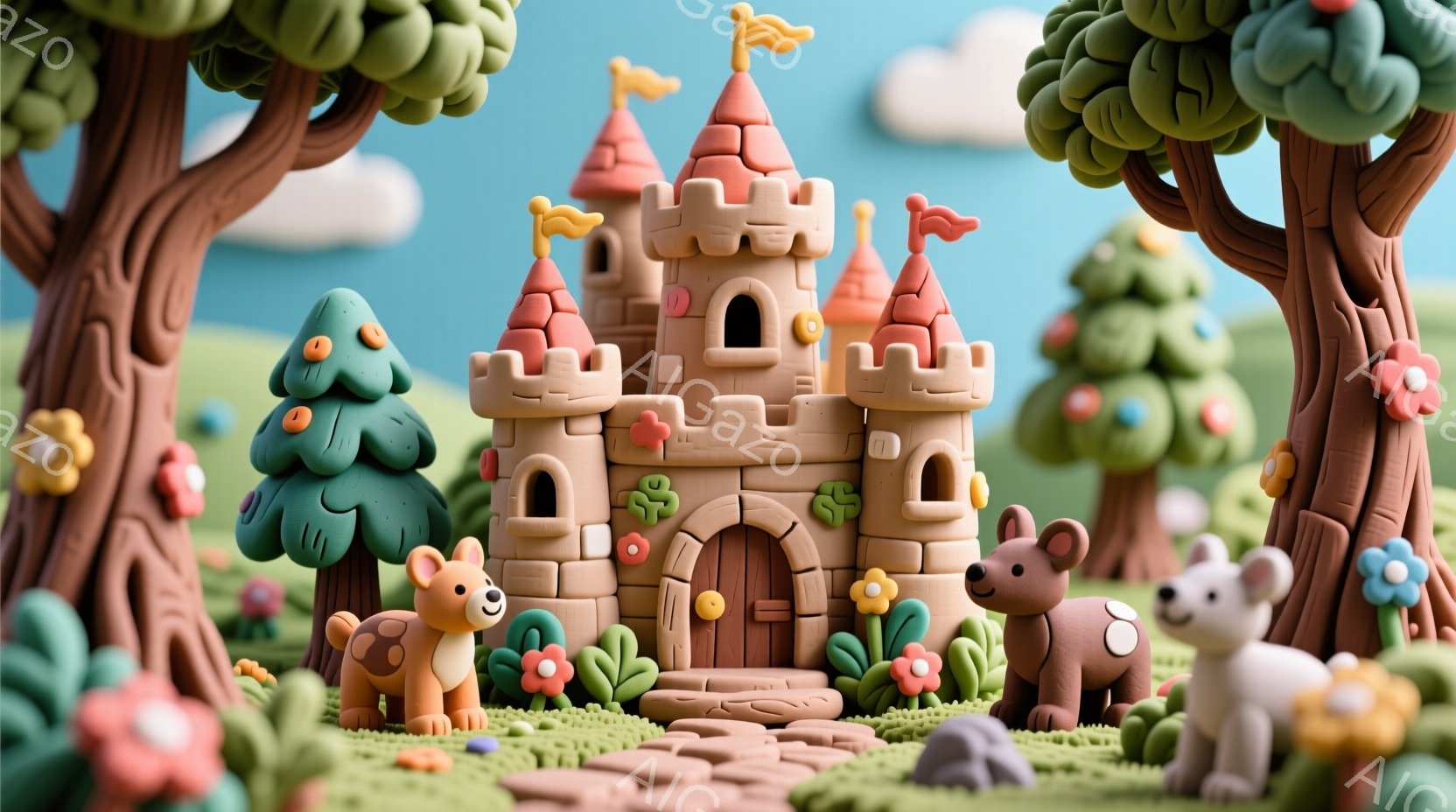 鮮やかな色彩で表現された、まるで粘土で作られたような可愛らしい世界が広がっています。中央には、茶色の屋根とアーチ型の入り口を持つお城がそびえ立ち、周囲には緑の木々や花々、そして愛らしい動物たちが楽しそ - AI生成フリー素材